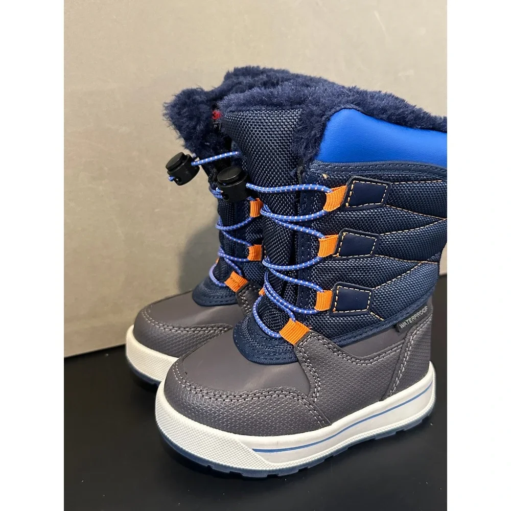 Wonder‎ Nation Boys Waterproof Snow Boots Navy Blue Grey Orange Size 6